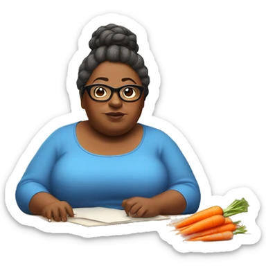 Fat lady with a brown bun in her hair with glasses and a blue long sleeve shirt staring at a carrot on a brown desk sticker