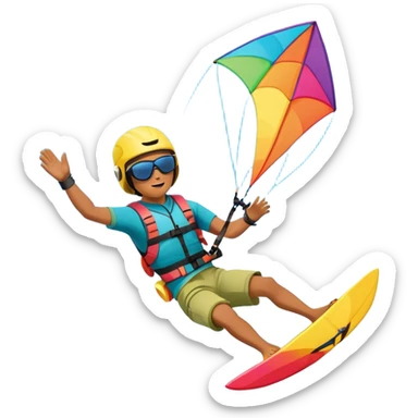 A vibrant kite soaring high in the sky, attached to a kiteboarder riding the waves below. The scene is filled with bright colors, capturing the energy of the sport. The background features the ocean, wind-blown waves, and a clear sky, showcasing the excitement and freedom of kiting. sticker