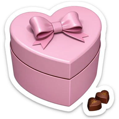 pale pink heart box, bow on top, some chocolates spilling out sticker