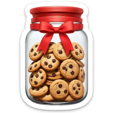 A chewy chocolate chip cozy cookie in an organized jar, saying "Cookie Jar" with some small illustrations on the jar to indicate there are cookies stored inside, a big red ribbonon the lid sticker