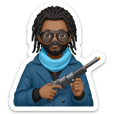 African American man with shoulder length black dreadlocks  wearing black sunglasses wearing a black bubble winter coat wearing a blue hospital mask covering mouth and nose  holding a pistol gun in hand sticker