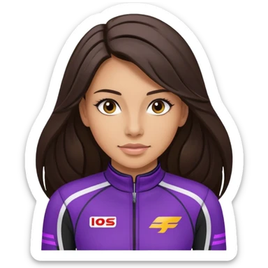 brunette long hair woman with black racing outfit with single purple strips sticker