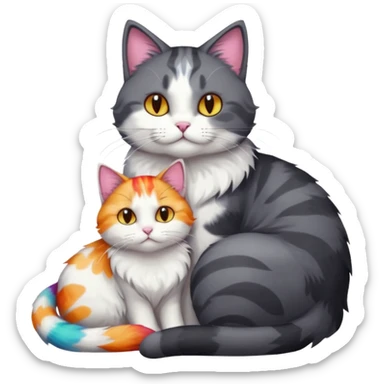 full body large dark grey and white cat cuddling a colourful light patched calico + white tabby cat  sticker