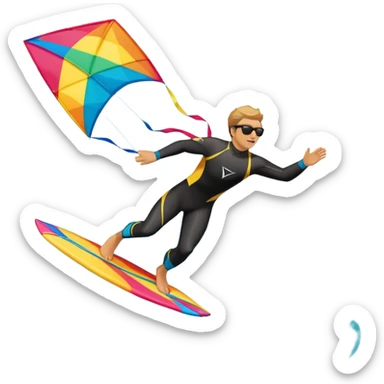 the sun shining and the ocean's waves splashing around. A kite surfer gliding across the ocean, with a colorful kite soaring high in the sky and the surfer carving through the waves. The scene captures the energy and freedom of the sport sticker
