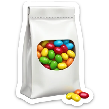 Extremely simplified half-open Skittles pouch with just a few green candies peeking out. Clean rainbow colored minimal design. sticker