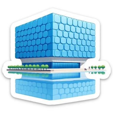 Beijing Water Cube National Aquatics Center blue bubbled building, simplified emoji style with bold outlines and bright colors, cartoon style modern structure sticker