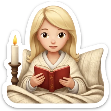 Cozy blonde girl reading book with blanket and candle sticker