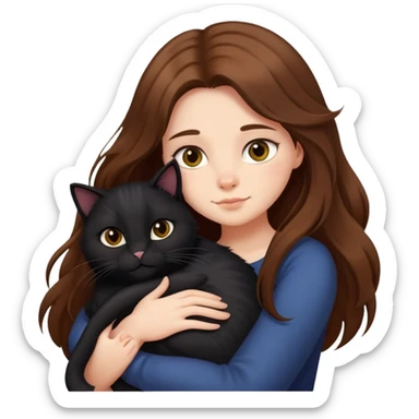 A girl with long brown hair hugs a long-haired fat black cat sticker