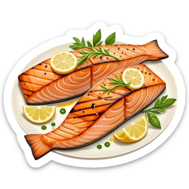 Cinematic perfectly grilled salmon, rich orange hues with crispy skin, garnished with fresh herbs, drizzled with lemon, ultra-detailed and delicious. sticker