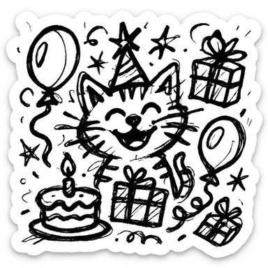 chaotic outlined icon of a ginger tabby kitten wearing a birthday hat, surrounded by a birthday cake, balloons, gifts, and a happy expression sticker