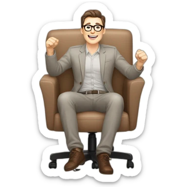 Joyful Celebrating victory Hands up Pale skinned Fit Man With dark brown hair in gray jacket, beige office shirt, Brown pants and vintage glasses sitting In a soft chair sticker
