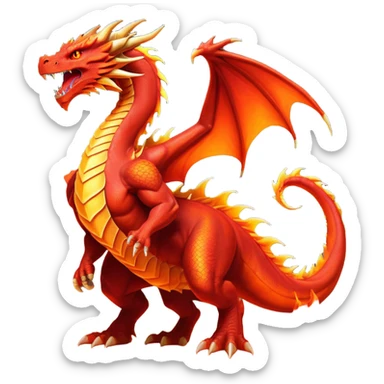cinematic-noble-fierce-fire-dragon-full body-emoji,-poised-and-imposing,-with-a-muscular,-scaled-body-ablaze-in-fiery-hues-of-crimson,-molten-orange,-and-molten-gold,-and-intense,-burning-eyes-that-mirror-the-heart-of-a-volcano;-rendered in detail sticker