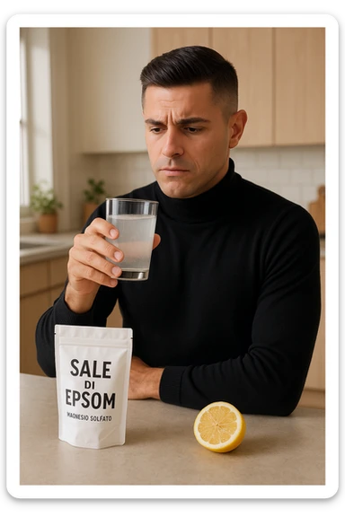 A realistic, bright photo-style image of a young man in his 30s standing in his kitchen, holding a clear glass filled with water in which Epsom salt (magnesium sulfate) has been dissolved. He looks focused but slightly uncertain as he prepares to drink it for a liver flush or digestive cleanse. The glass shows slight cloudiness from the dissolved salt. On the counter are a packet labeled 'Sale di Epsom' and a sliced lemon, suggesting he might use it to mask the taste. The setting is clean, natural, and bright with neutral tones. The background shows sunlight streaming through a window, emphasizing a clean, minimalist health-focused environment. The mood conveys a realistic, calm moment of self-care with a hint of discomfort, illustrating a natural detox practice in italiano sticker