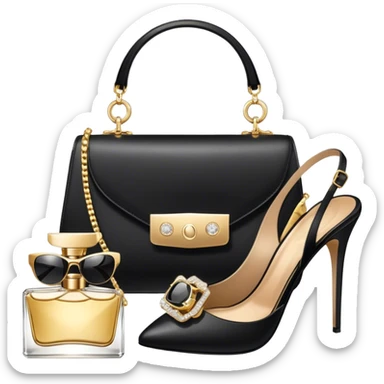 A photorealistic icon featuring luxurious fashion accessories like a high-end handbag, elegant high heels, a sparkling diamond necklace and a stylish pair of sunglasses. The design includes gold accents, purfume, and glamorous textures, fashion, and VIP luxury. Transparent background sticker