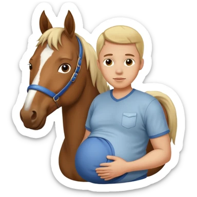 pregnant man in casual wear near horse sticker