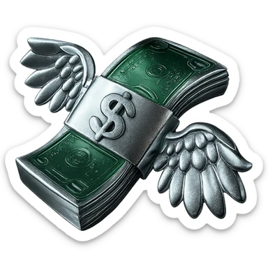 Make the money green and shiny, keep the wings and all other areas chrome and metallic, no background. sticker