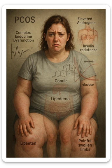 cinematic realistic in italiano Woman with PCOS struggling with hormonal chaos, transparent overlay showing elevated androgens and insulin resistance affecting her body, lipedema causing disproportionate fat accumulation in legs and arms despite normal torso, expression of frustration with unexplained weight gain, medical charts showing complex endocrine dysfunction, painful swollen limbs contrasting with metabolic confusion scrivi in italiano sticker