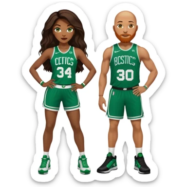 48-year-old black woman with brown eyes, long dark brown balayage hair dressed in sexy 
celtics jersey costume outfit & stilettos with bald white man with ginger beard, with blue eyes, wearing a Jason Tatum Boston Celtics Jersey, matching Nike sneakers  sticker