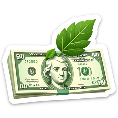 Minimal line-art icon of a money bill with a leaf symbol on the corner, clean modern style, simple outlines, slight 3D, no background, transparent, represents pure and ethical income. sticker