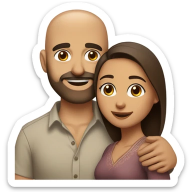 Brown-haired Puerto Rican woman with dark brown eyes wearing a cute blouse giving comforting hug to short, bald man with brown eyes, laugh lines, and a beard sticker