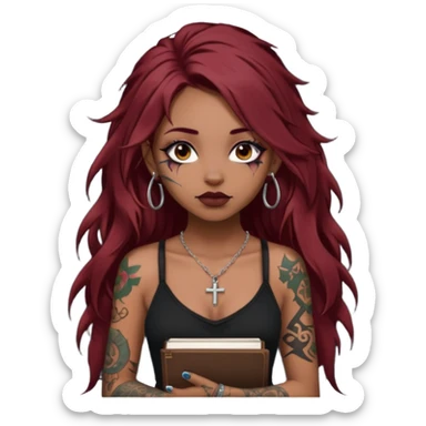 generate an ios genmoji of a dusky girl with long dark red messy hair with eyeliner on her eyes. septum piercing, wearing a cami black top, has tattoos, on shoulders. ear piercings. wearing a cross silver necklace. carrying a lot of sketchbooks sticker