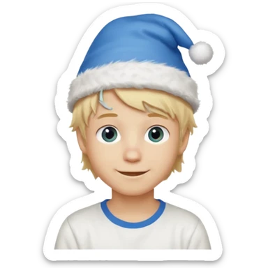 create boy blonde hair long messy, light eyes, white t shirt, rich, long hair, eyes blue, acessory head cristimas blue hat sticker