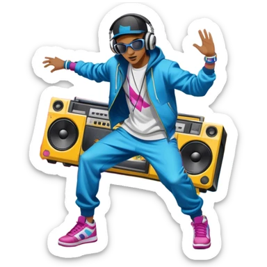 Icon for Street Dance: a dancer in urban streetwear performing a dynamic lower breakdance move, with a spray-painted background, headphones, and a boombox on the asphalt. The icon should capture the energy, style, and creativity of street dance culture. Transparent background. sticker