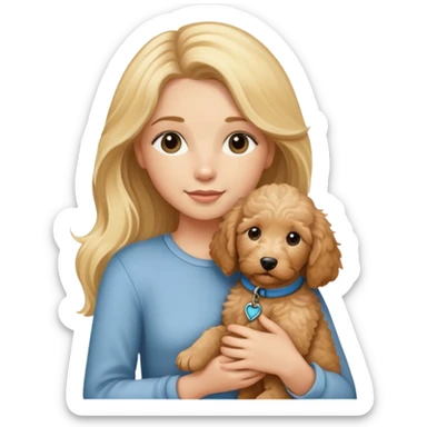 blonde girl with long hair holding tan goldendoodle puppy sticker