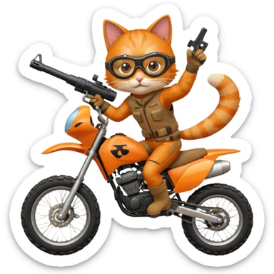 Cat on a dirt bike shooting a gun in the air sticker