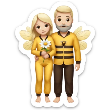 Grown up man with brown eyes, long dark brown long, white skin, medium beard, full body in cute bee pijama hugging a woman with blonde hair, white skin, dressed as a flower  sticker