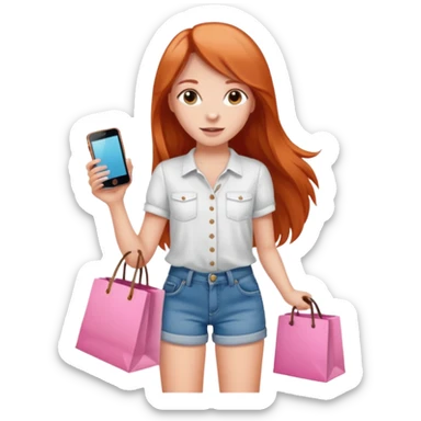Chica con cabello cobrizo largo short de jeans blusa blanca y bolsas de compras rosas y celular sticker