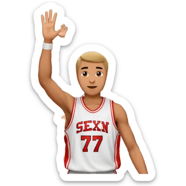 Maverick Trevillian in the crowd at an amateur basketball game. He leans towards the camera and enthusiastically shouts "six seven while performing a distinctive hand gesture: both hands open, palms facing upward, moving up and down as if weighing two options. sticker