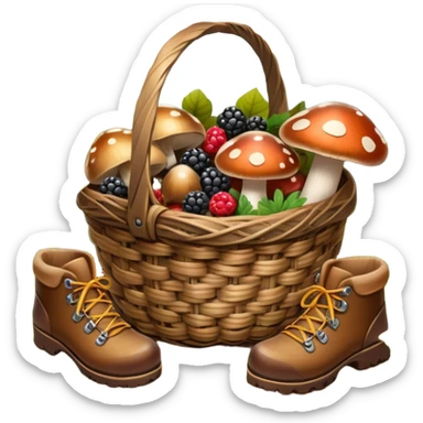 Icon for Mushroom and Berry Tourism: a basket filled with mushrooms and berries, surrounded by forest elements like trees, leaves and a hiking boots. The icon should capture the joy of foraging in nature. Transparent background. sticker