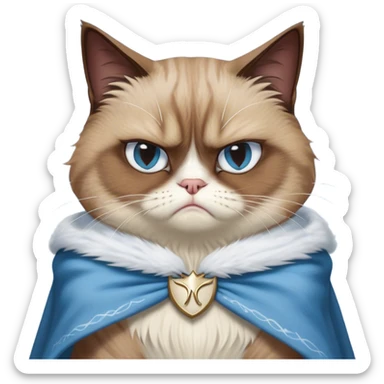 Cinematic Meme-Worthy Grumpy Brown Mantle Snowshoe Cat Portrait Emoji, Head held high but eyes filled with dramatic disappointment, soft brown fur draped like a cape, white paws planted firmly in defiance, signature grumpy cat frown perfectly etched on its face, icy-blue eyes radiating pure disapproval, Simplified yet hilariously over-exaggerated features, highly detailed, glowing with an aura of supreme annoyance, high shine, exhausted yet judgmental, stylized with an almost regal pettiness, bright but brooding, soft glowing outline, capturing the essence of a feline that has seen it all and is thoroughly unimpressed, so meme-worthy it feels like it could instantly become the next viral sensation of grumpiness! sticker