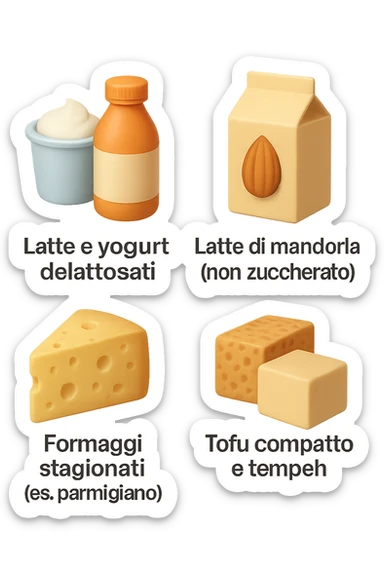 emoji stile iphone 3d di questi elementi che fluttuano in aria:

Latte e yogurt delattosati
Latte di mandorla (non zuccherato)
Latte di soia da proteine isolate
Formaggi stagionati (es. parmigiano)
Tofu compatto e tempeh
 che fluttuano in aria,  le etichette scrivile in italiano, iperealistico 4k sticker