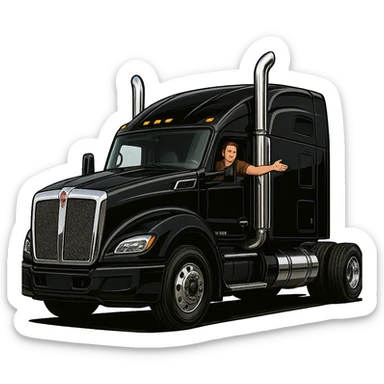 Black Kenworth W680 semi sleeper (2026), chrome stack, person in the truck with arm out the window, bold and detailed, transparent background sticker