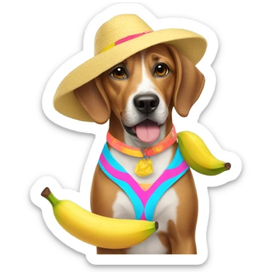 dog wearing bikini and banana hat  sticker