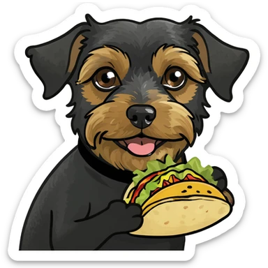 Create a  medium sized yorkiepoo dog with a black shirt on eating a taco sticker