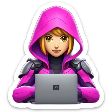 Girl developer behind his laptop with this style : Nintendo Samus Video game neon glowing bright purple pink black hooded hacker themed character sticker