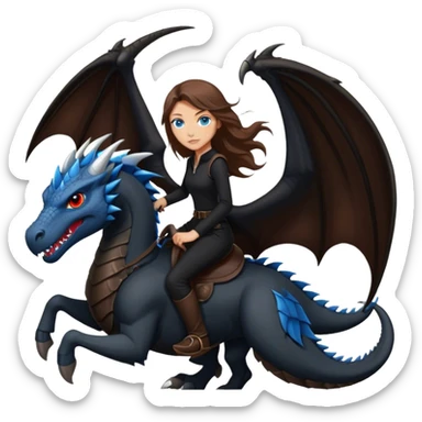 Me, a white female with long brown hair and blue eyes, wearing nothing but black clothes, and riding a VERY BLACK wyvern/dragon with HINTS of RED, to your work sticker