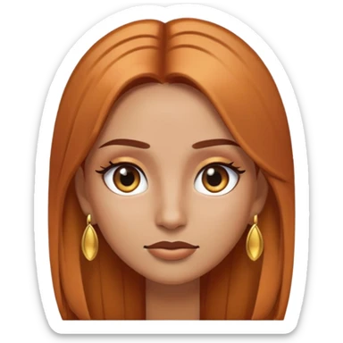 Emoji chica mestiza con cabello cobrizo lacio y largo, con pestañas largas, cejas pobladas, ojos negros, aretes dorados  sticker