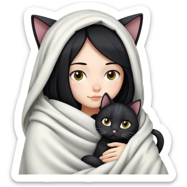 A girl with fair skin and long black hair wrapped in a blanket hugging a black and white cat sticker