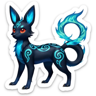 Shiny Fiery Dark Glowing Ethereal Eldritch Cool Edgy Badass Punky Aural Iridescent Fluorescent Bioluminescent Umbreon-Amaura-Salandit-Litten-Flareon-Fakémon-fusion (full body) with intricate pattern markings sticker
