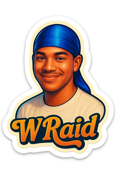 Smiling no teeth
make his shirt white
Change His durag To BLUE
Make it say "  W Raid " sticker