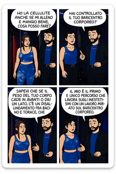 TRASFORMA QUESTO CAROSELLO IN UN FUMETTO CON QUESTE DUE PERSONE IDENTICHE CHE INTERLOQUISCONO TRA LORO:

LEI: Ho la cellulite anche se mi alleno e mangio bene, cosa posso fare?

LUI: Hai controllato il tuo baricentro corporeo?
LUI: Sapevi che se il peso del tuo corpo cade in avanti o da un lato, c’è un disallineamento fra bacino e torace, che comprimendo le coste, limita la motilità del diaframma e l’ossigenazione dei tessuti?
LUI: Il mio è il primo e unico percorso che lavora sugli inestetismi con un lavoro mirato sul baricentro corporeo. sticker