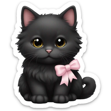 fluffy fat black kitten with pale pink bow sticker