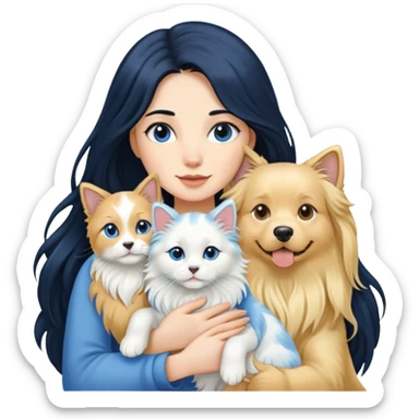 Woman with long black hair holding a blue and white long-haired cat and a golden retriever dog sticker
