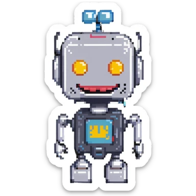 funny AI robot with a big goofy grin sticker