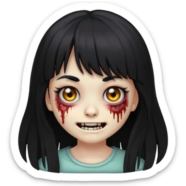 zombie girl emoji with black eyes, long black hair with bangs, creepy smile expression sticker