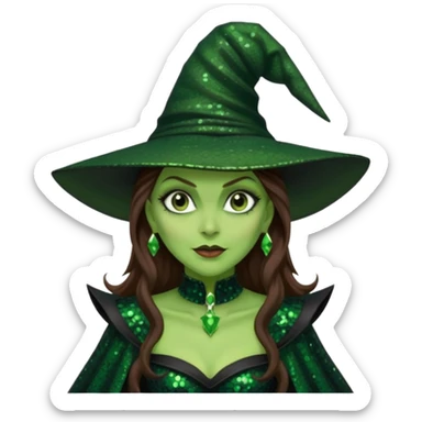 The Wicked Witch from Oz with long brown hair, green skin, black sequin outfit sticker